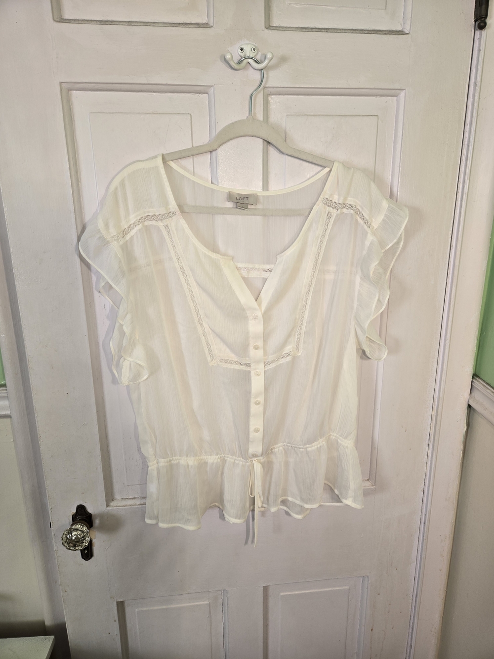LOFT Ivory Ruffle-Trim Button Front Blouse Size L